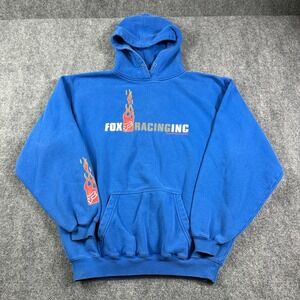 Fox Racing Mens Hoodie XL Vintage 90s Y2K Blue Flame Logo Motocross Pullover